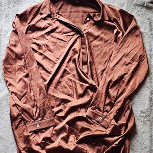 FashionNova Brown Tunic length Button Down Cinched Silky Blouse Size 1X